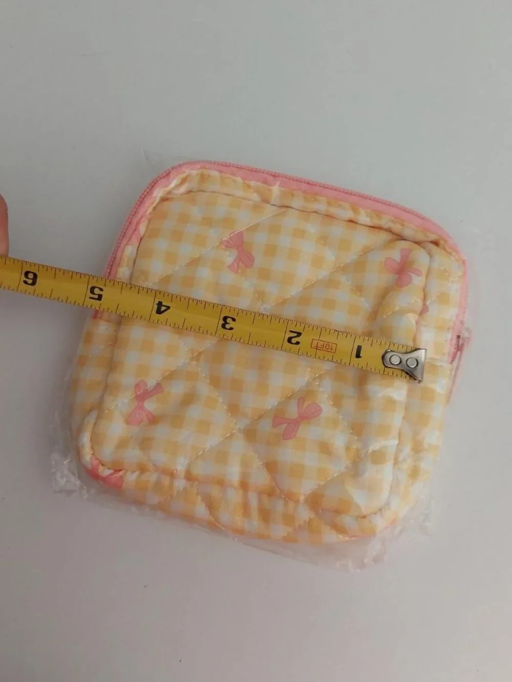 yellow gingham make up pouch small square bag